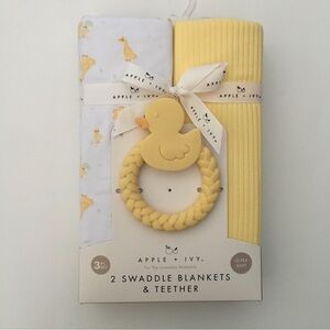 NEW Baby Blankets & Teething Ring Set Yellow Ducks | DreamGro Apple + Ivy
